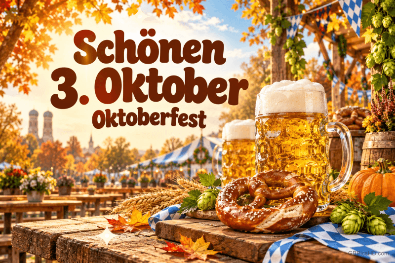 Bierkrüge, Brezel, Hopfen und ein Kürbis auf einem Holztisch am Festplatz mit "Schönen 3. Oktober Oktoberfest".