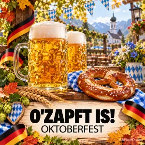 Zwei Bierkrüge und eine Brezel stehen auf einem Holztisch vor Bergen und einer Kirche; darunter steht "O'ZAPFT IS! OKTOBERFEST".