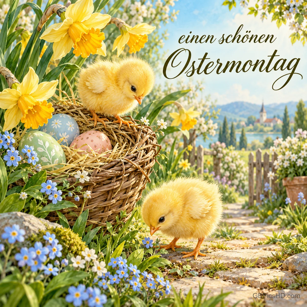 Zwei gelbe Küken an einem Nest mit Ostereiern zwischen Narzissen und Vergissmeinnicht, dazu "einen schönen Ostermontag". Zwei gelbe Küken an einem Nest mit Ostereiern zwischen Narzissen und Vergissmeinnicht, dazu "einen schönen Ostermontag".