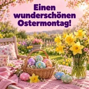 Ein Korb mit bunten Ostereiern und Narzissen auf einem Gartentisch mit dem Gruß "Einen wunderschönen Ostermontag!".