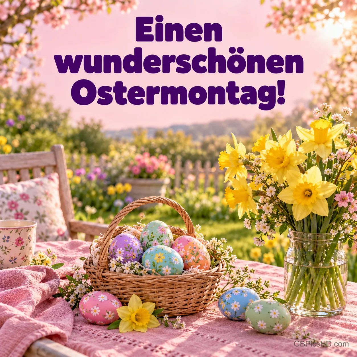 Ein Korb mit bunten Ostereiern und Narzissen auf einem Gartentisch mit dem Gruß "Einen wunderschönen Ostermontag!". Ein Korb mit bunten Ostereiern und Narzissen auf einem Gartentisch mit dem Gruß "Einen wunderschönen Ostermontag!".
