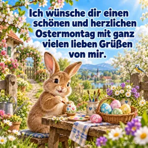 Ein niedlicher Hase bemalt Ostereier an einem Holztisch im Blumengarten, dazu "Ich wünsche dir einen schönen und herzlichen Ostermontag mit ganz vielen lieben Grüßen von mir.".