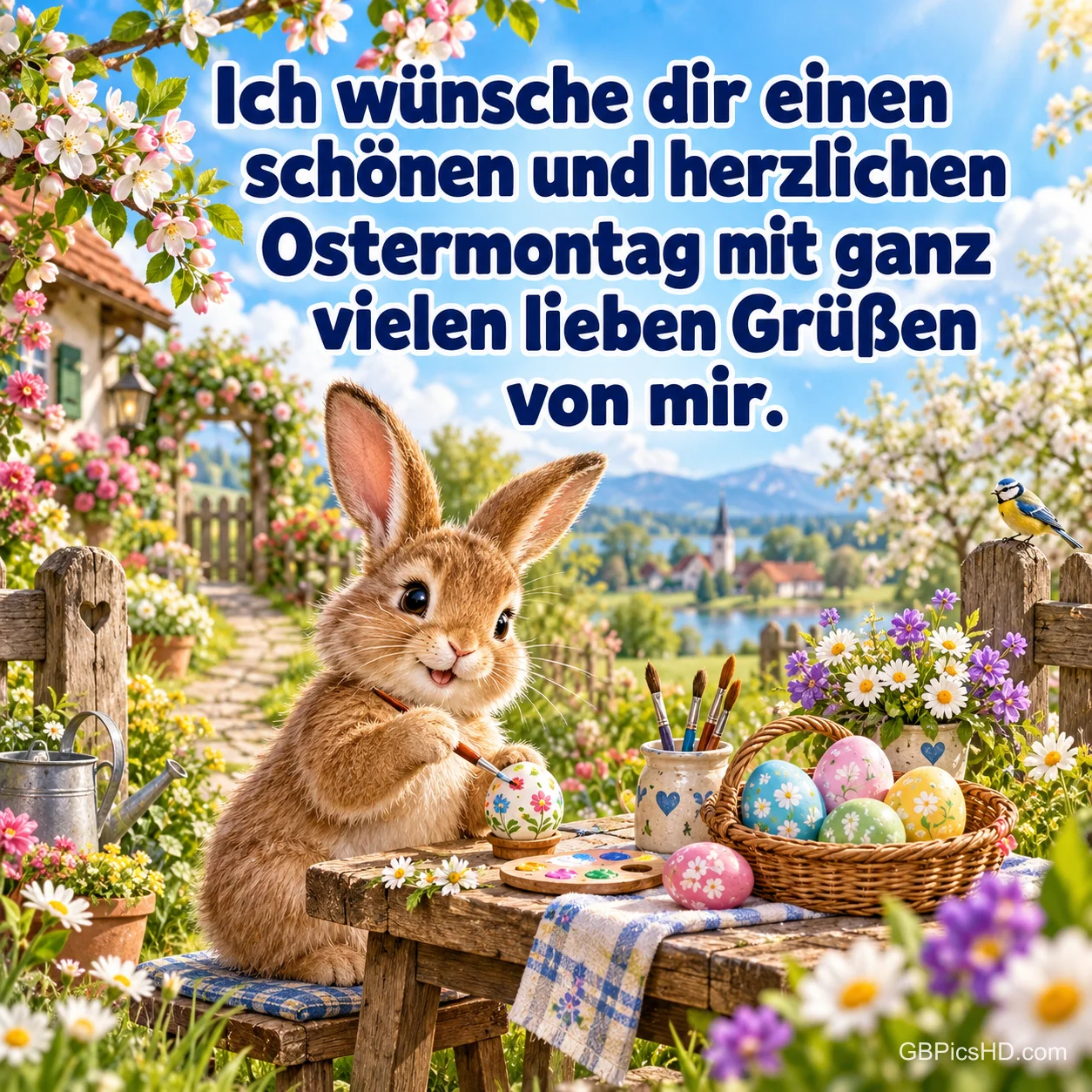 Ein niedlicher Hase bemalt Ostereier an einem Holztisch im Blumengarten, dazu "Ich wünsche dir einen schönen und herzlichen Ostermontag mit ganz vielen lieben Grüßen von mir.". Ein niedlicher Hase bemalt Ostereier an einem Holztisch im Blumengarten, dazu "Ich wünsche dir einen schönen und herzlichen Ostermontag mit ganz vielen lieben Grüßen von mir.".
