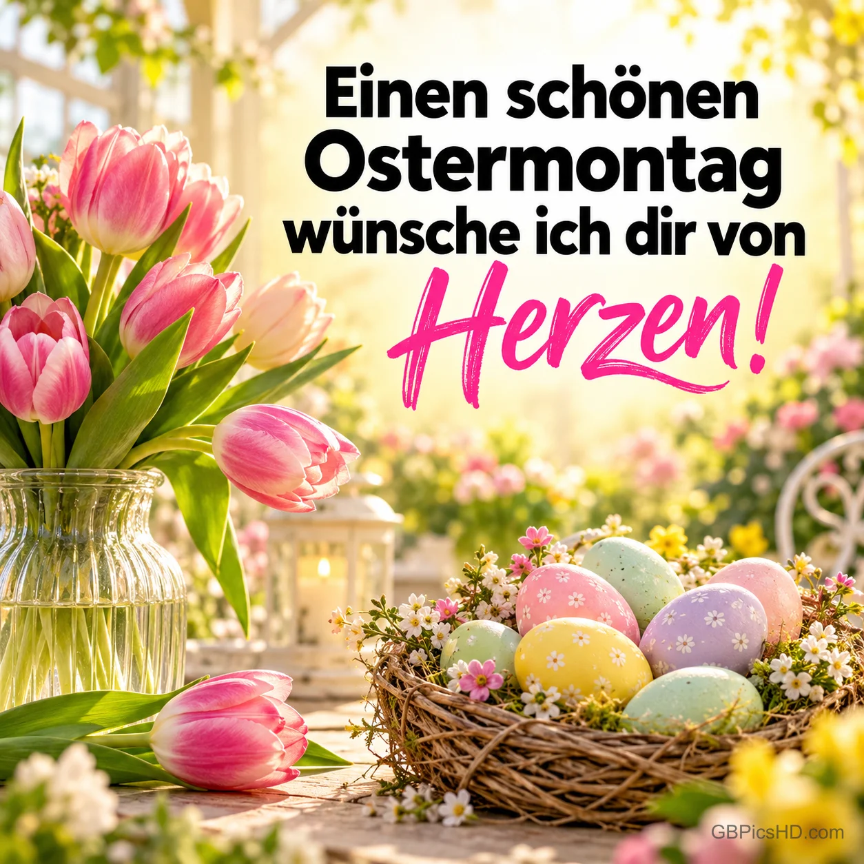 Rosa Tulpen und ein Korb mit pastellfarbenen Ostereiern im Sonnenlicht mit dem Text "Einen schönen Ostermontag wünsche ich dir von Herzen!". Rosa Tulpen und ein Korb mit pastellfarbenen Ostereiern im Sonnenlicht mit dem Text "Einen schönen Ostermontag wünsche ich dir von Herzen!".