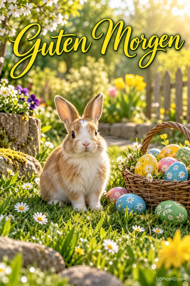 Ein kleines Kaninchen sitzt im Gras neben einem Korb mit bunten Ostereiern, darüber steht "Guten Morgen".