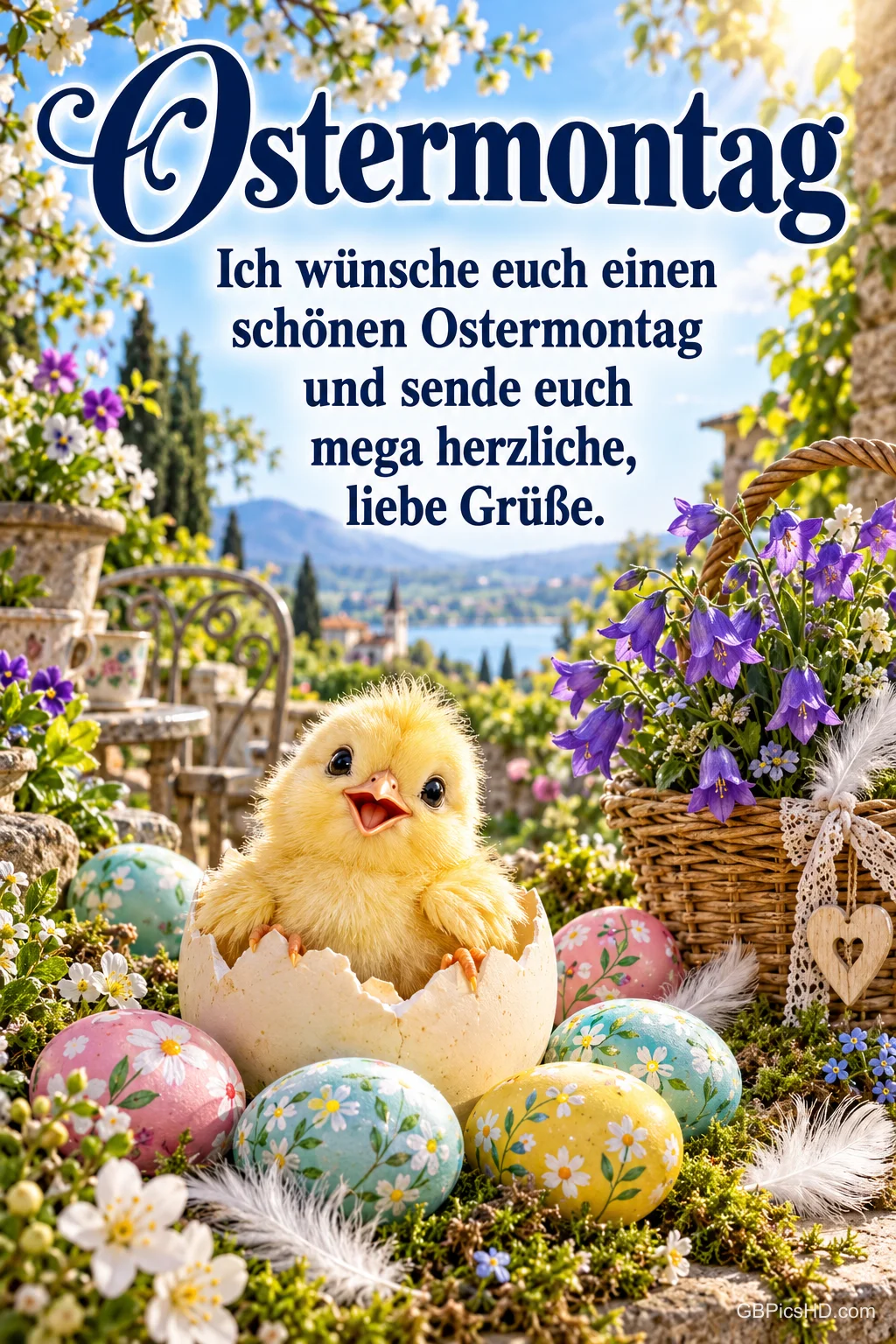 Ein frisch geschlüpftes Küken im Ei zwischen bemalten Ostereiern und lila Glockenblumen mit dem Text "Ich wünsche euch einen schönen Ostermontag und sende euch mega herzliche, liebe Grüße.". Ein frisch geschlüpftes Küken im Ei zwischen bemalten Ostereiern und lila Glockenblumen mit dem Text "Ich wünsche euch einen schönen Ostermontag und sende euch mega herzliche, liebe Grüße.".