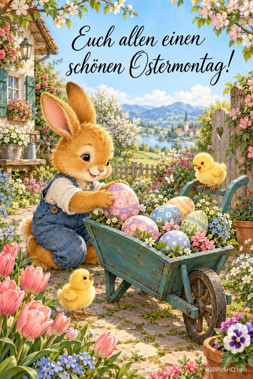 Ein Osterhase füllt eine Schubkarre mit bunten Eiern, umgeben von Küken und Tulpen, dazu "Euch allen einen schönen Ostermontag!". Ein Osterhase füllt eine Schubkarre mit bunten Eiern, umgeben von Küken und Tulpen, dazu "Euch allen einen schönen Ostermontag!".