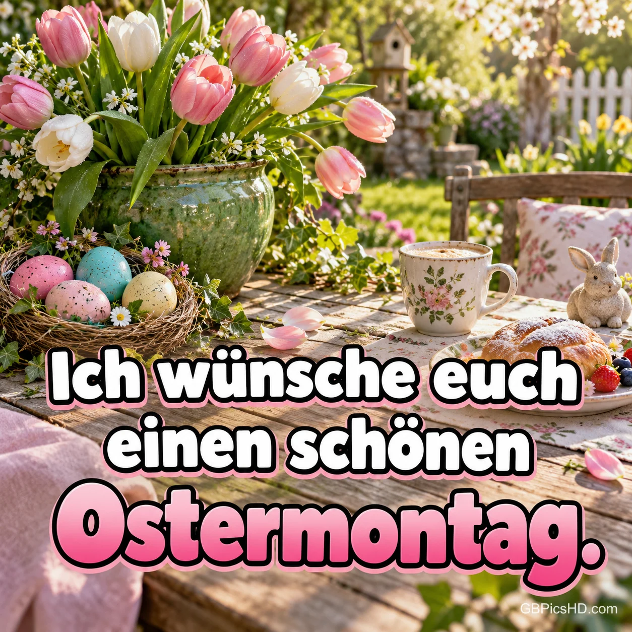 Weiße und rosa Tulpen im grünen Topf auf einem Gartentisch mit Ostereiern und dem Gruß "Ich wünsche euch einen schönen Ostermontag.". Weiße und rosa Tulpen im grünen Topf auf einem Gartentisch mit Ostereiern und dem Gruß "Ich wünsche euch einen schönen Ostermontag.".