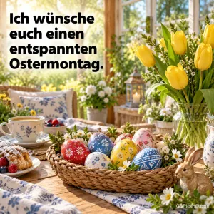Ein Korb mit bemalten Ostereiern auf einem Frühstückstisch neben gelben Tulpen und dem Text "Ich wünsche euch einen entspannten Ostermontag.".