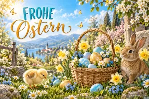 Ein Hase und ein Küken sitzen bei einem Korb mit bunten Eiern zwischen Frühlingsblumen vor einer Seelandschaft mit dem Gruß "Frohe Ostern".