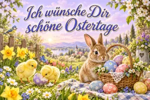 Ein Hase und zwei Küken sitzen neben einem Korb mit Ostereiern im Blumengarten unter dem Gruß "Ich wünsche Dir schöne Ostertage".