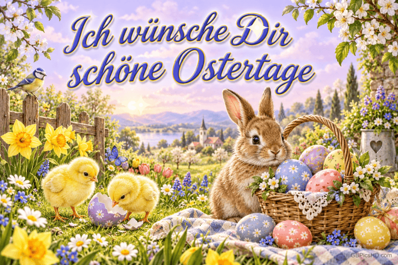 Ein Hase und zwei Küken sitzen neben einem Korb mit Ostereiern im Blumengarten unter dem Gruß "Ich wünsche Dir schöne Ostertage".