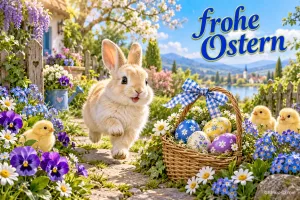Ein heller Hase läuft über einen Gartenweg neben einem Eierkorb mit blauer Schleife und drei Küken; oben steht "Frohe Ostern".