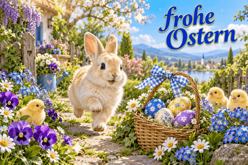 Ein heller Hase läuft über einen Gartenweg neben einem Eierkorb mit blauer Schleife und drei Küken; oben steht "Frohe Ostern".