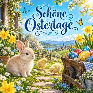 Ein Hase und zwei Küken stehen zwischen Blumen neben einer Holzkarre mit bunten Eiern unter dem blauen Gruß "Schöne Ostertage".