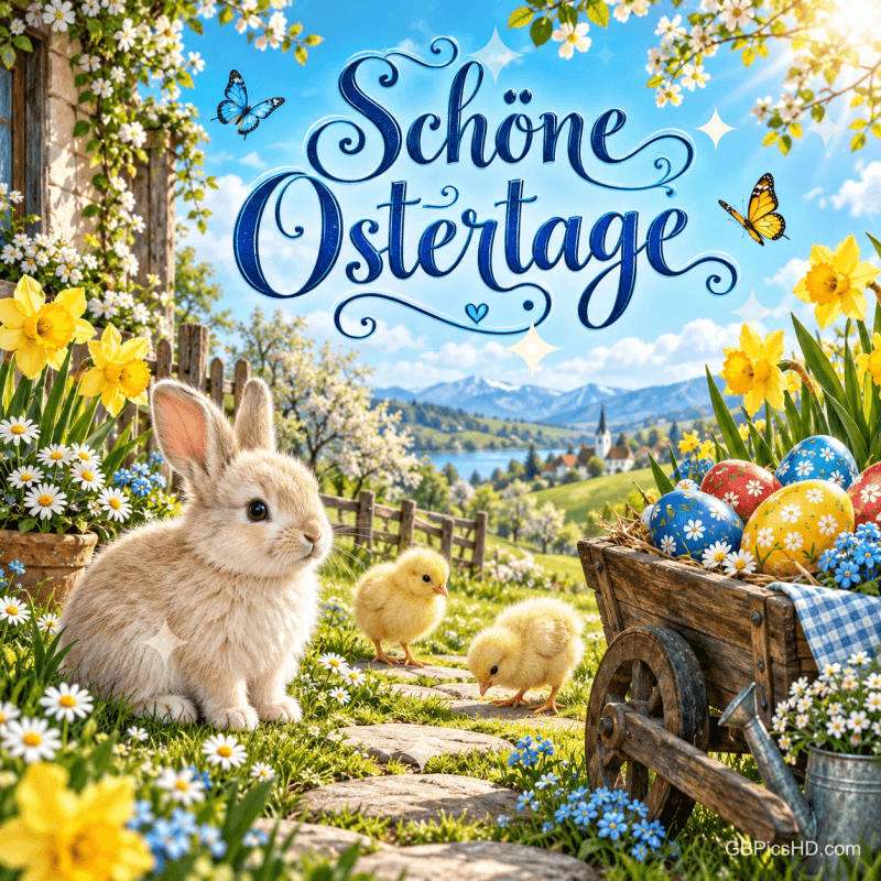 Ein Hase und zwei Küken stehen zwischen Blumen neben einer Holzkarre mit bunten Eiern unter dem blauen Gruß "Schöne Ostertage".