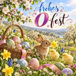 Ein Hase schnuppert an einer Narzisse neben zwei Küken, einem Eierkorb und rosa Bändern unter dem verzierten Gruß "Frohes O-Fest".