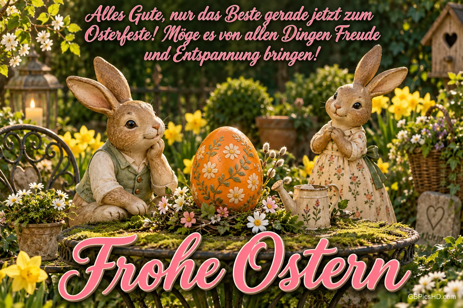 Zwei Hasenfiguren mit einem großen orangefarbenen Ei stehen vor grünen Pflanzen unter dem Gruß "Frohe Ostern".