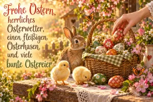 Ein Hase und Küken sind im Garten am Eierkorb neben "Frohe Ostern, herrliches Osterwetter, einen fleißigen Osterhasen und viele bunte Ostereier".