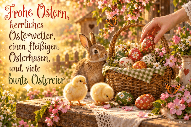 Ein Hase und Küken sind im Garten am Eierkorb neben "Frohe Ostern, herrliches Osterwetter, einen fleißigen Osterhasen und viele bunte Ostereier".