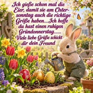 Ein Häschen in Latzhose gießt bunte Ostereier zwischen Tulpen und Narzissen; darüber steht "Ich gieße schon mal die Eier".