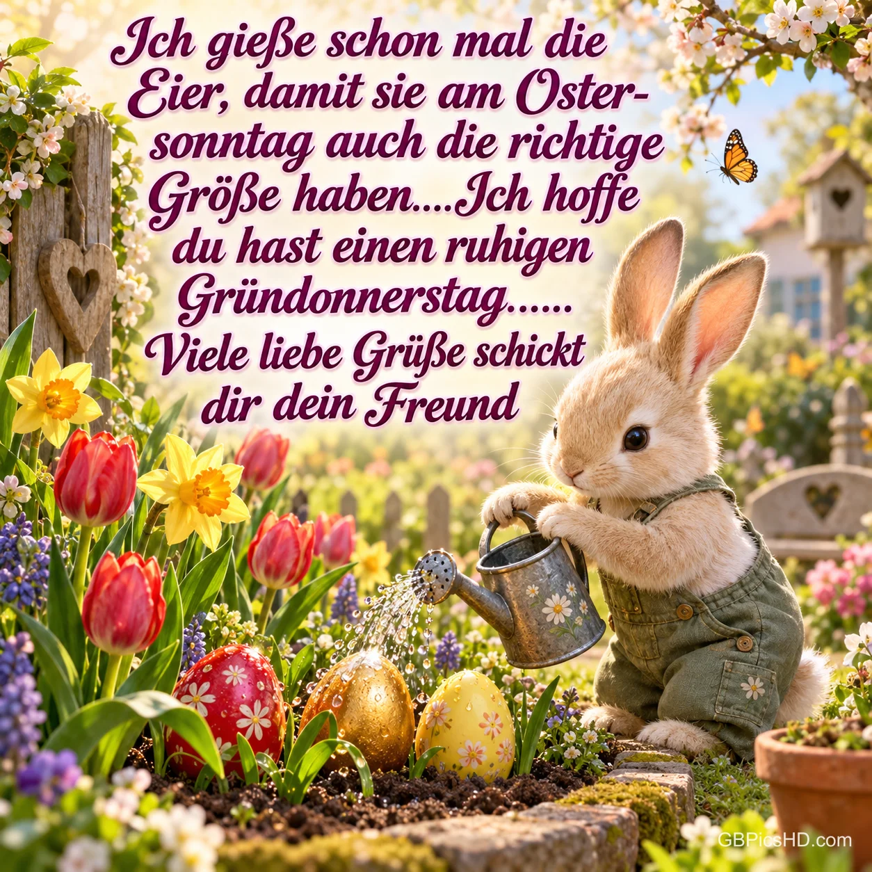 Ein Häschen in Latzhose gießt bunte Ostereier zwischen Tulpen und Narzissen; darüber steht "Ich gieße schon mal die Eier". Ein Häschen in Latzhose gießt bunte Ostereier zwischen Tulpen und Narzissen; darüber steht "Ich gieße schon mal die Eier".