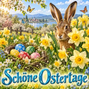Ein Hase sitzt zwischen gelben Narzissen neben einem Nest mit bunten Eiern vor einem See; unten steht "Schöne Ostertage".