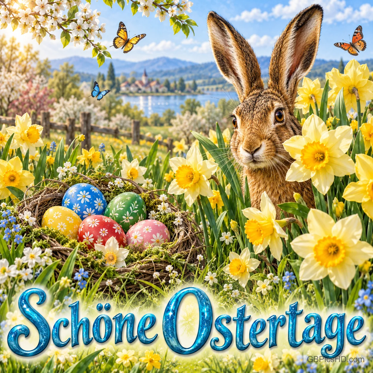 Ein Hase sitzt zwischen gelben Narzissen neben einem Nest mit bunten Eiern vor einem See; unten steht "Schöne Ostertage".
