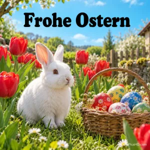 Ein weißes Kaninchen sitzt im sonnigen Garten zwischen roten Tulpen neben einem Korb mit bunten Eiern unter "Frohe Ostern".