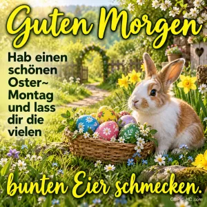 Ein braun-weißes Kaninchen sitzt neben einem Korb mit bunten Ostereiern im blühenden Garten unter dem Gruß "Guten Morgen".