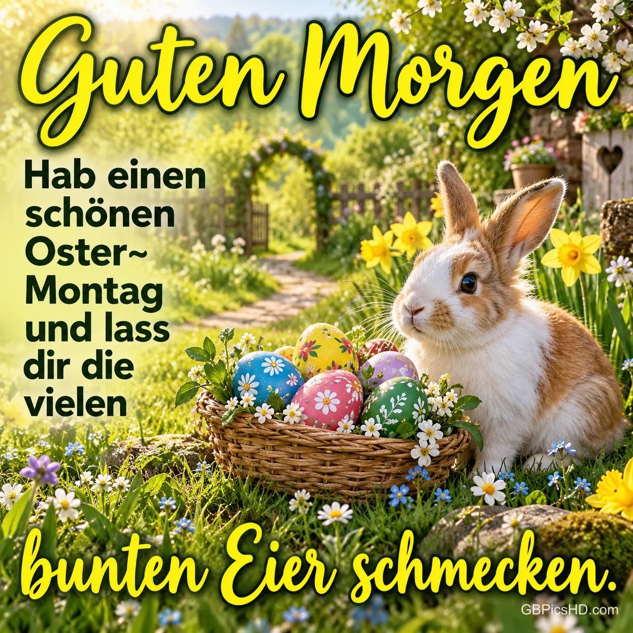Ein braun-weißes Kaninchen sitzt neben einem Korb mit bunten Ostereiern im blühenden Garten unter dem Gruß "Guten Morgen". Ein braun-weißes Kaninchen sitzt neben einem Korb mit bunten Ostereiern im blühenden Garten unter dem Gruß "Guten Morgen".