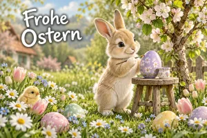 Ein Häschen bemalt ein lila Ei auf einem Holzhocker, während ein Küken zwischen Blumen sitzt; links steht "Frohe Ostern".