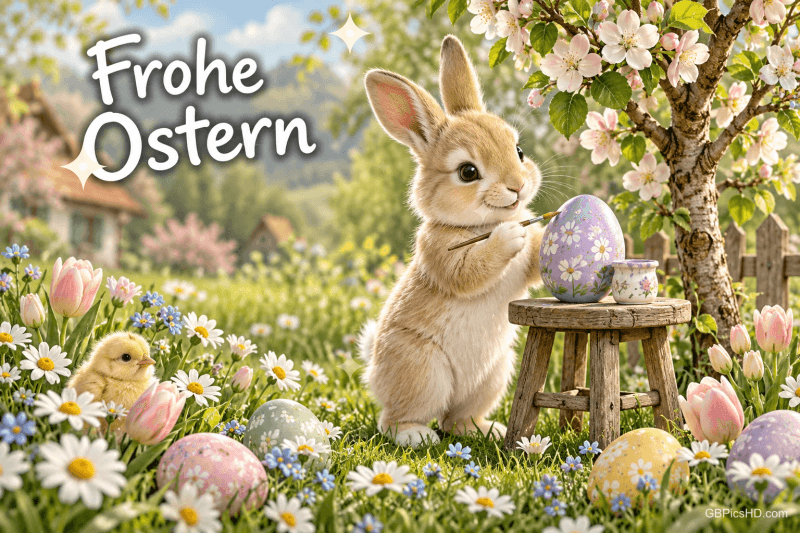 Ein Häschen bemalt ein lila Ei auf einem Holzhocker, während ein Küken zwischen Blumen sitzt; links steht "Frohe Ostern".