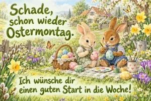 Zwei Häschen bemalen Ostereier auf einer Decke im blühenden Garten; oben steht "Schade, schon wieder Ostermontag.".