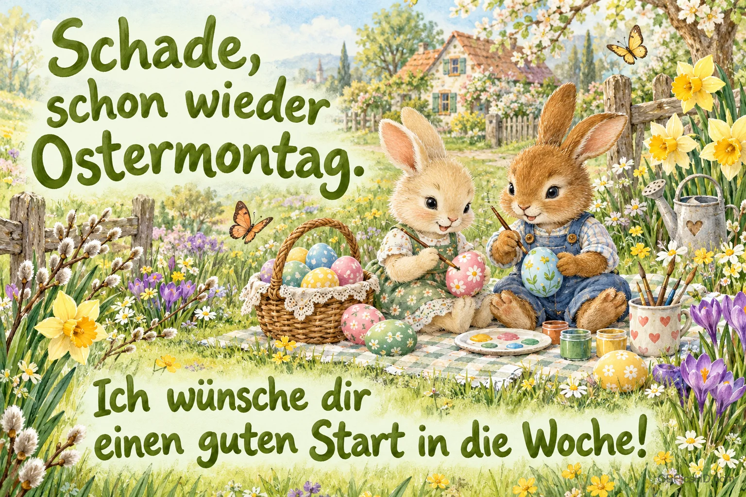 Zwei Häschen bemalen Ostereier auf einer Decke im blühenden Garten; oben steht "Schade, schon wieder Ostermontag.". Zwei Häschen bemalen Ostereier auf einer Decke im blühenden Garten; oben steht "Schade, schon wieder Ostermontag.".