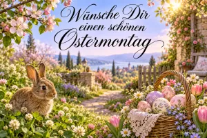 Ein Hase sitzt im Blumengarten neben einem Korb mit Ostereiern; darüber steht "Wünsche Dir einen schönen Ostermontag".