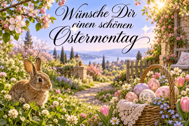 Ein Hase sitzt im Blumengarten neben einem Korb mit Ostereiern; darüber steht "Wünsche Dir einen schönen Ostermontag".