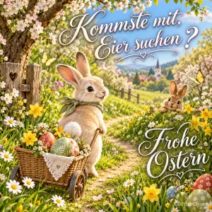 Zwei Hasen, ein Wagen mit Ostereiern und Frühlingsblumen begleiten "Kommste mit, Eier suchen? Frohe Ostern".