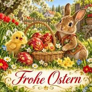 Ein bunt gekleideter Hase und ein Küken stehen vor einem großen rot-goldenen Ei mit dem Schriftzug "Frohe Ostern".