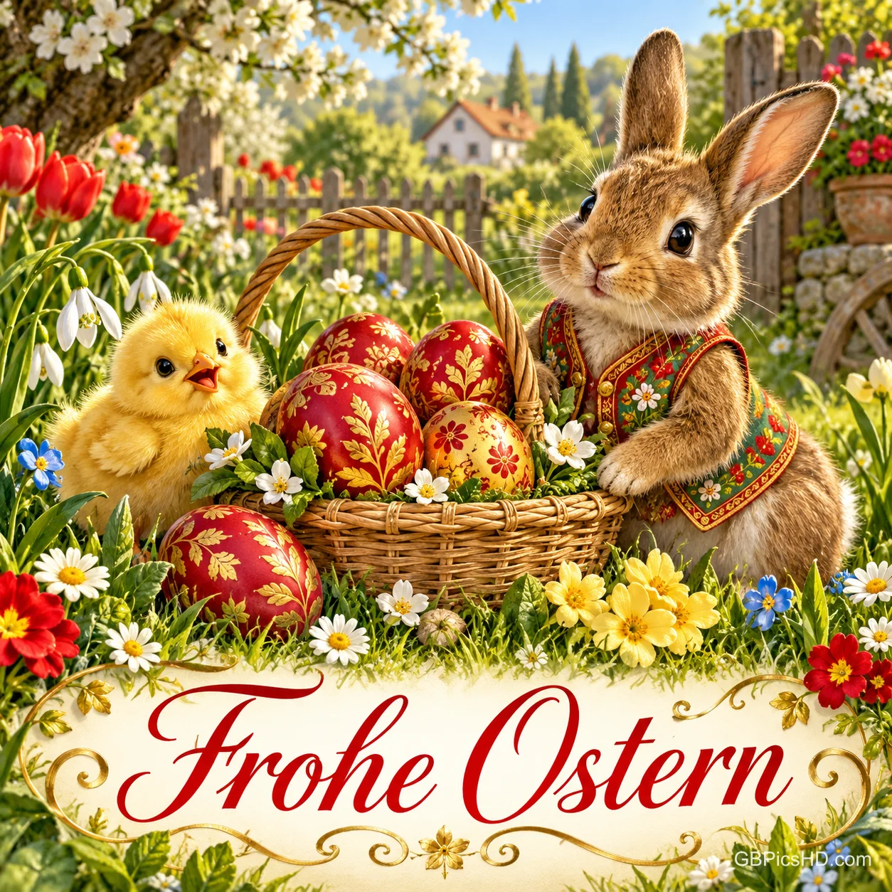 Ein bunt gekleideter Hase und ein Küken stehen vor einem großen rot-goldenen Ei mit dem Schriftzug "Frohe Ostern".