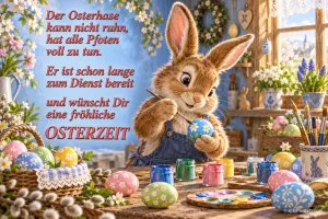 Ein Hase in Latzhose bemalt in einer blumengeschmückten Werkstatt ein Osterei neben dem Wunsch "eine fröhliche OSTERZEIT".
