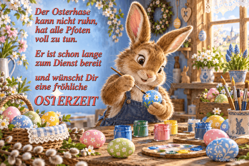 Ein Hase in Latzhose bemalt in einer blumengeschmückten Werkstatt ein Osterei neben dem Wunsch "eine fröhliche OSTERZEIT".