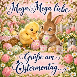 Ein Küken bemalt neben einem Hasen Ostereier in einem Blumengarten mit "Mega, mega liebe Grüße am Ostermontag ...".