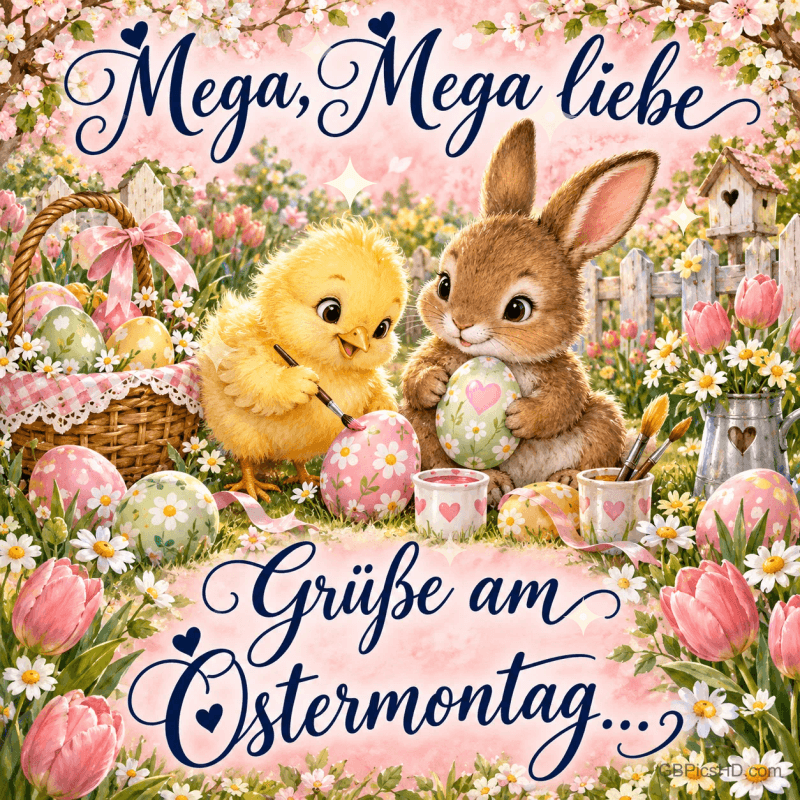 Ein Küken bemalt neben einem Hasen Ostereier in einem Blumengarten mit "Mega, mega liebe Grüße am Ostermontag ...". Ein Küken bemalt neben einem Hasen Ostereier in einem Blumengarten mit "Mega, mega liebe Grüße am Ostermontag ...".