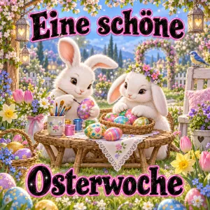 Zwei gezeichnete weiße Hasen mit bunten Ostereiern und Körben stehen auf glitzerndem Hintergrund mit "Eine schöne Osterwoche".