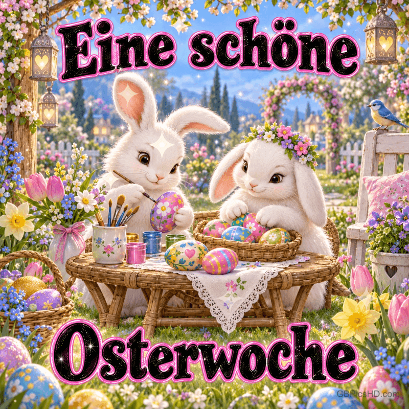 Zwei gezeichnete weiße Hasen mit bunten Ostereiern und Körben stehen auf glitzerndem Hintergrund mit "Eine schöne Osterwoche".