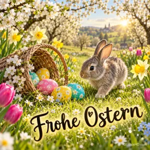 Ein Hase sitzt neben einem umgekippten Korb mit bunten Eiern zwischen Frühlingsblumen; darunter steht "Frohe Ostern".