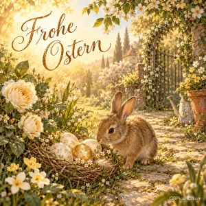 Ein brauner Hase sitzt neben einem Nest mit goldverzierten Eiern im sonnigen Garten; oben links steht "Frohe Ostern".