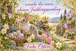 Ein Kaninchen sitzt zwischen Blüten und zwei Schmetterlingen im gelben Rahmen: "Wünsche dir einen schönen Frühlingssonntag".