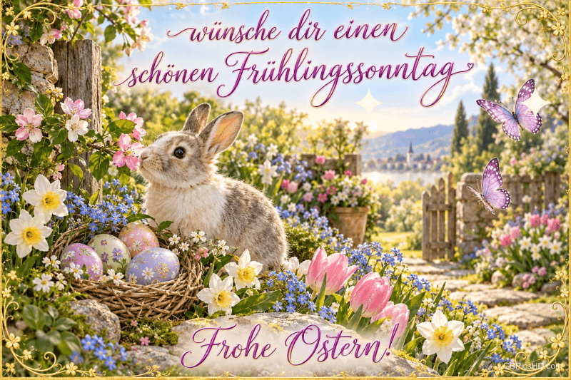 Ein Kaninchen sitzt zwischen Blüten und zwei Schmetterlingen im gelben Rahmen: "Wünsche dir einen schönen Frühlingssonntag".